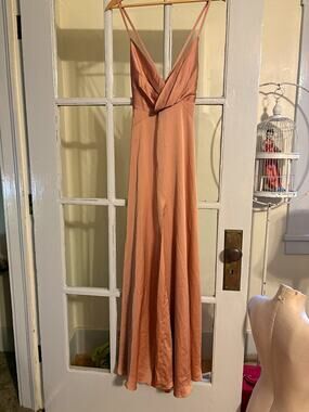 Fame & Partners Satin Maxi Dress US 4 Dusty Rose Plunge Strappy Gown $239